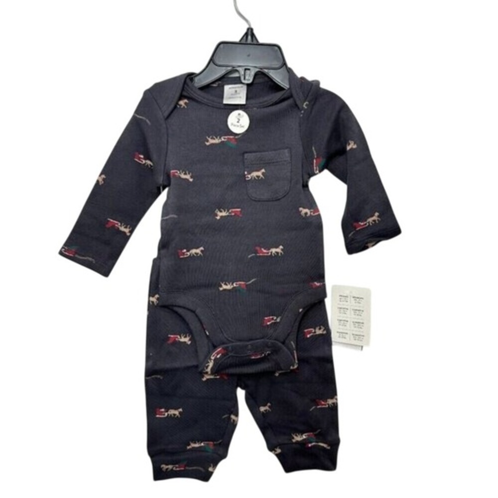 Nordstrom Baby 3M 100% Cotton Holiday 2 Piece Set Navy Blue Santa Sleigh